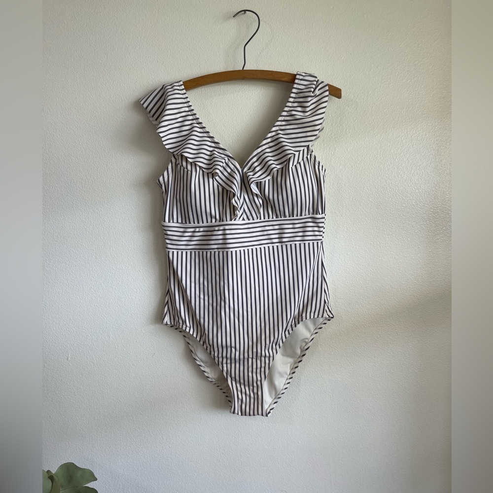 downeast ruffle striped bathing  swim suit retro white gray blue one piece
